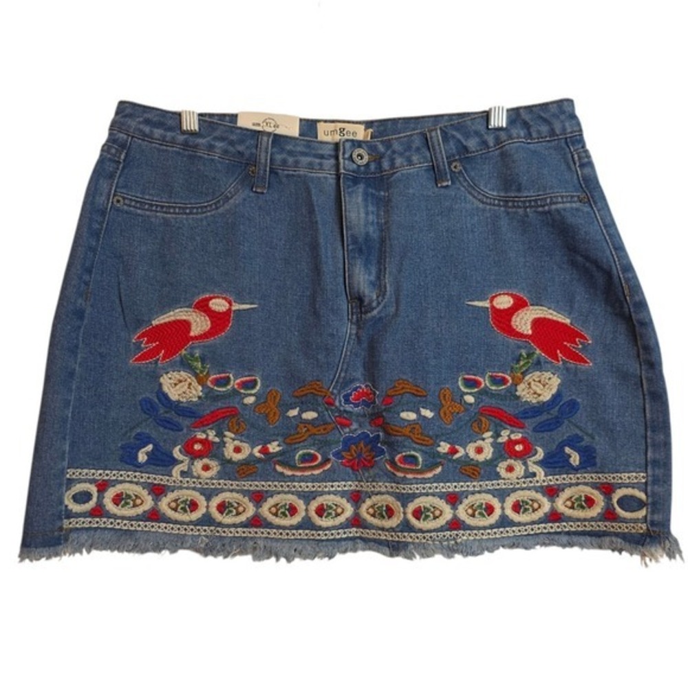 Umgee Red Piper Denim Skirt Womens XL Blue Embroidered Bird Floral Frayed Mini - Picture 6 of 17